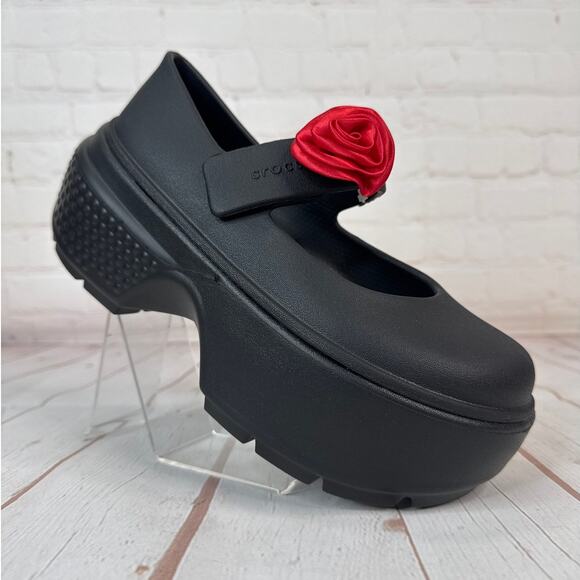 Crocs Stomp Rosette Mary Jane Black Red Rose Platform Clog Sandals M Sz 5/W Sz 7 - Picture 1 of 9